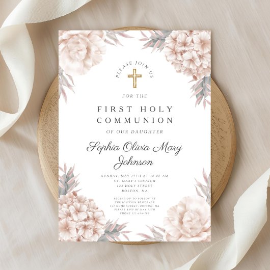 Roze Floral Gold Cross Religieuze Eerste Communie Kaart