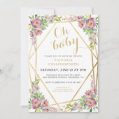 Roze Floral Gold Geometric Baby shower Kaart (Voorkant)