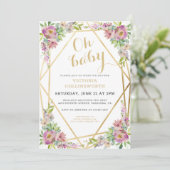 Roze Floral Gold Geometric Baby shower Kaart (Staand voorkant)
