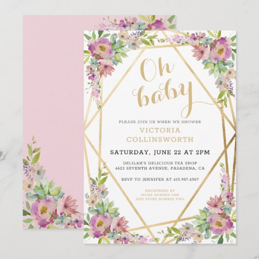 Roze Floral Gold Geometric Baby shower Kaart (Voorkant / Achterkant)