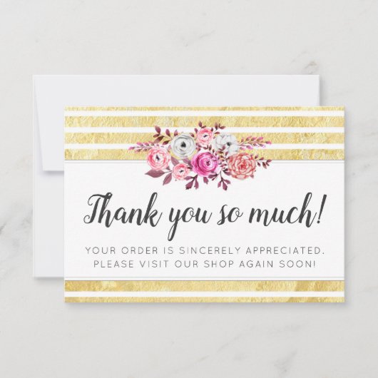 Roze Floral & Gold Glam Modern Stripe Hartelijk da Bedankkaart (Voorkant)