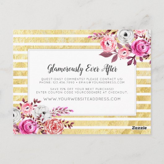 Roze Floral & Gold Glam Modern Stripe Hartelijk da Briefkaart (Achterkant)