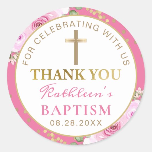 Roze Floral Gold Glitter Baptisme Hartelijk dank Ronde Sticker (Voorkant)