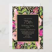 Roze Floral Gold Glitter Black 75th Birthday Kaart (Voorkant)