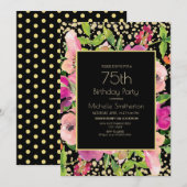 Roze Floral Gold Glitter Black 75th Birthday Kaart (Voorkant / Achterkant)