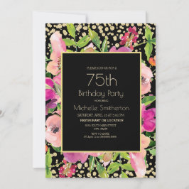 Roze Floral Gold Glitter Black 75th Birthday Kaart