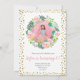 Roze Floral Gold Glitter Confetti Girl Birthday Kaart
