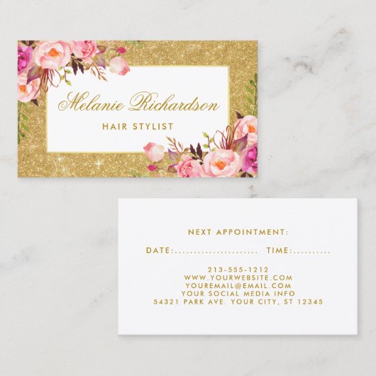 Roze Floral Gold Glitter Hair Stylist Benoeming Afsprakenkaartje (Voorkant / Achterkant)