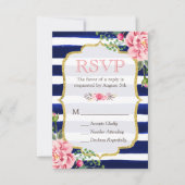 Roze Floral Gold Glitter Navy Blue Striped RSVP (Voorkant)