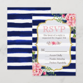 Roze Floral Gold Glitter Navy Blue Striped RSVP (Voorkant / Achterkant)