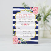 Roze Floral Gold Glitter Navy Blue Striped RSVP Kaartje (Staand voorkant)