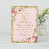 Roze Floral Gold Glitter Nursing School Afstuderen Kaart (Staand voorkant)