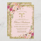 Roze Floral Gold Glitter Nursing School Afstuderen Kaart (Voorkant / Achterkant)