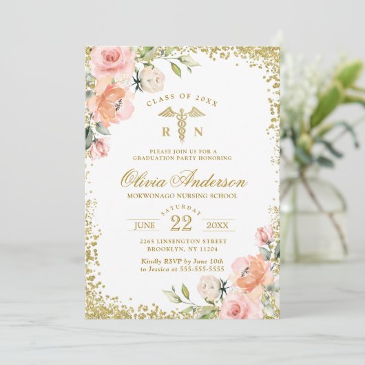 Roze Floral Gold Glitter Nursing School Afstuderen Kaart (Staand voorkant)