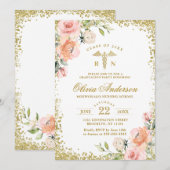 Roze Floral Gold Glitter Nursing School Afstuderen Kaart (Voorkant / Achterkant)