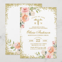 Roze Floral Gold Glitter Nursing School Afstuderen