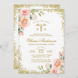 Roze Floral Gold Glitter Nursing School Afstuderen Kaart