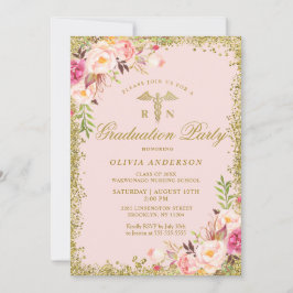 Roze Floral Gold Glitter Nursing School Afstuderen Kaart