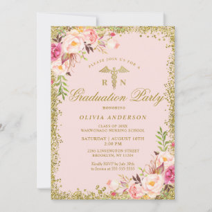Roze Floral Gold Glitter Nursing School Afstuderen Kaart
