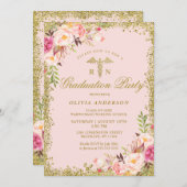 Roze Floral Gold Glitter Nursing School Afstuderen Kaart (Voorkant / Achterkant)