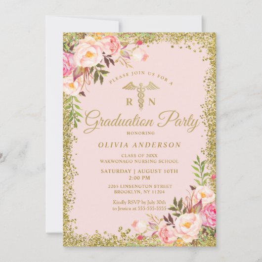 Roze Floral Gold Glitter Nursing School Afstuderen Kaart (Voorkant)