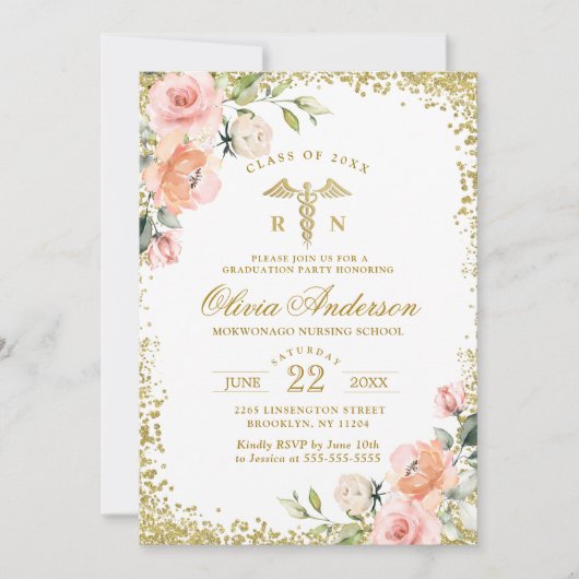 Roze Floral Gold Glitter Nursing School Afstuderen Kaart (Voorkant)