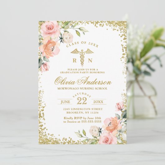 Roze Floral Gold Glitter Nursing School Afstuderen Kaart (Staand voorkant)