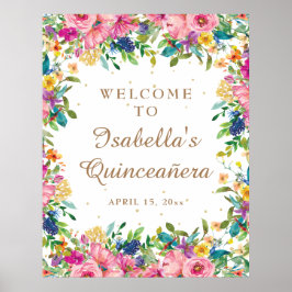 Roze Floral Gold Glitter Quinceañera Welkom Poster