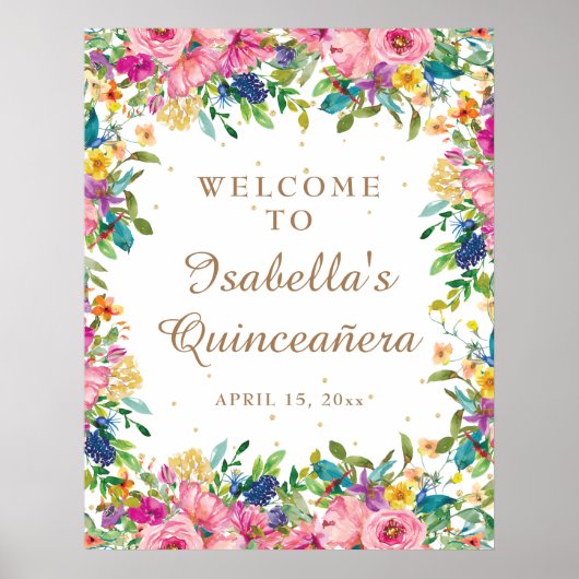 Roze Floral Gold Glitter Quinceañera Welkom Poster (Voorkant)
