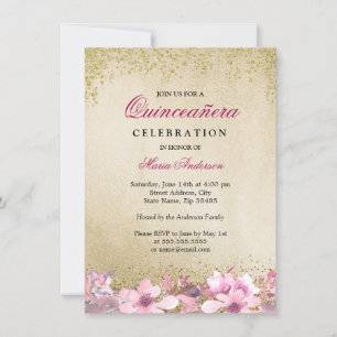 Roze Floral Gold Glitter Shimmer Quinceanera Kaart