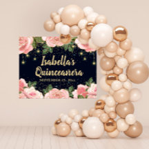 Roze Floral Gold Glitter Stars Black Quinceañera