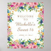 Roze Floral Gold Glitter Sweet 16 Welkom Poster (Voorkant)
