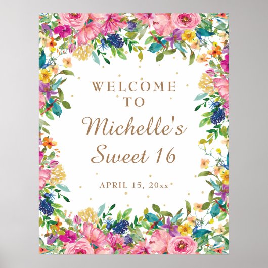 Roze Floral Gold Glitter Sweet 16 Welkom Poster (Voorkant)