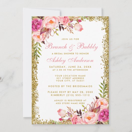 Roze Floral Gold Glitter Vrijgezellenfeest Brunch Kaart (Voorkant)