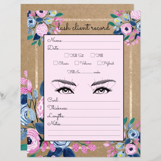 Roze Floral Gold Kraft Paper Lash Client Record (Voorkant / Achterkant)