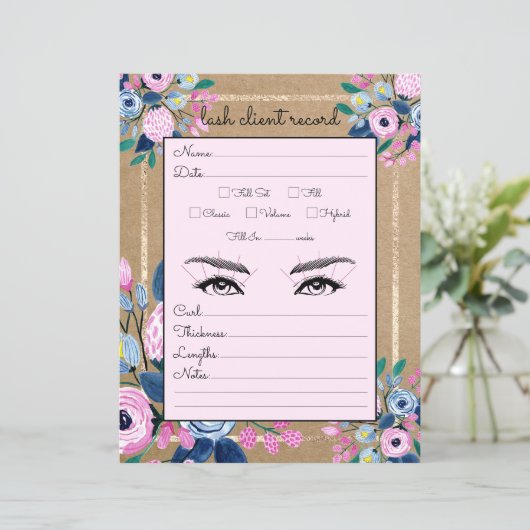 Roze Floral Gold Kraft Paper Lash Client Record (Staand voorkant)