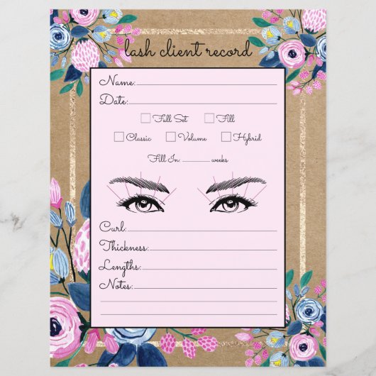 Roze Floral Gold Kraft Paper Lash Client Record (Voorkant)