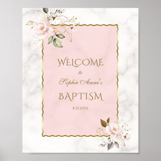 Roze Floral Gold Lijst Baptisme Welkom Poster (Voorkant)