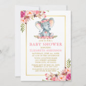 Roze Floral Gold Lijst Elephant Baby shower Kaart (Voorkant)