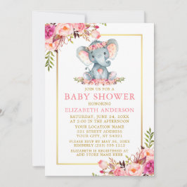 Roze Floral Gold Lijst Elephant Baby shower Kaart
