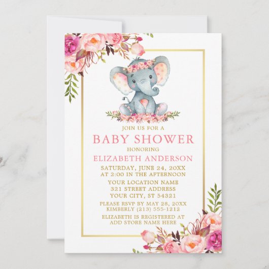 Roze Floral Gold Lijst Elephant Baby shower Kaart (Voorkant)