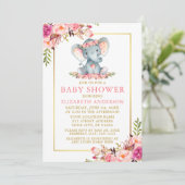 Roze Floral Gold Lijst Elephant Baby shower Kaart (Staand voorkant)