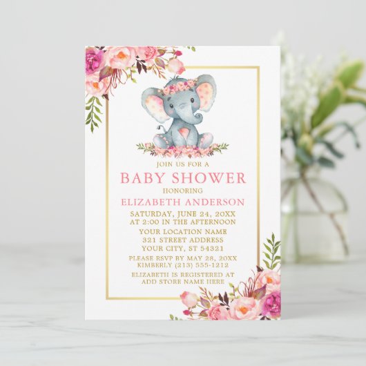 Roze Floral Gold Lijst Elephant Baby shower Kaart (Staand voorkant)