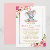 Roze Floral Gold Lijst Elephant Baby shower Kaart (Voorkant / Achterkant)