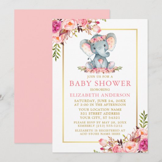 Roze Floral Gold Lijst Elephant Baby shower Kaart (Voorkant / Achterkant)