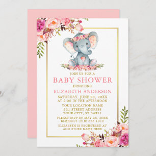Roze Floral Gold Lijst Elephant Baby shower Kaart