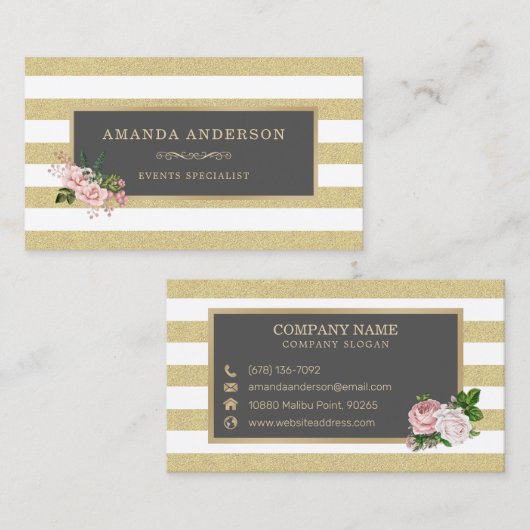 Roze Floral Gold Lijst op strepen | Visitekaartje (Voorkant / Achterkant)