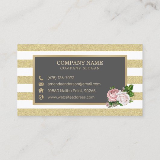 Roze Floral Gold Lijst op strepen | Visitekaartje (Achterkant)