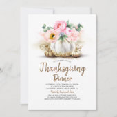 Roze Floral Gold Pumpkin Thanksgiving Dinner Kaart (Voorkant)