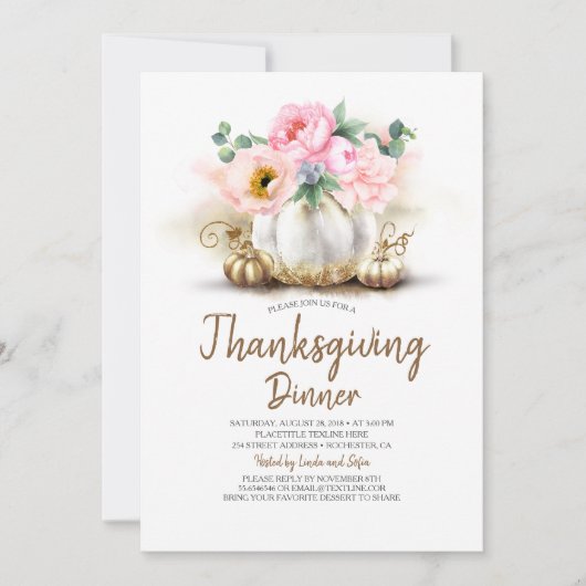 Roze Floral Gold Pumpkin Thanksgiving Dinner Kaart (Voorkant)